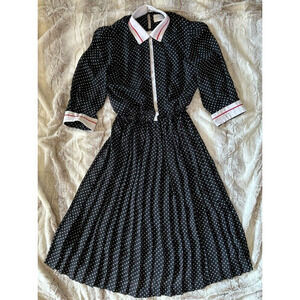 Liz Roberts Vintage Black polka Dot Pleated Polyester 90's Women's Dress Sz 10